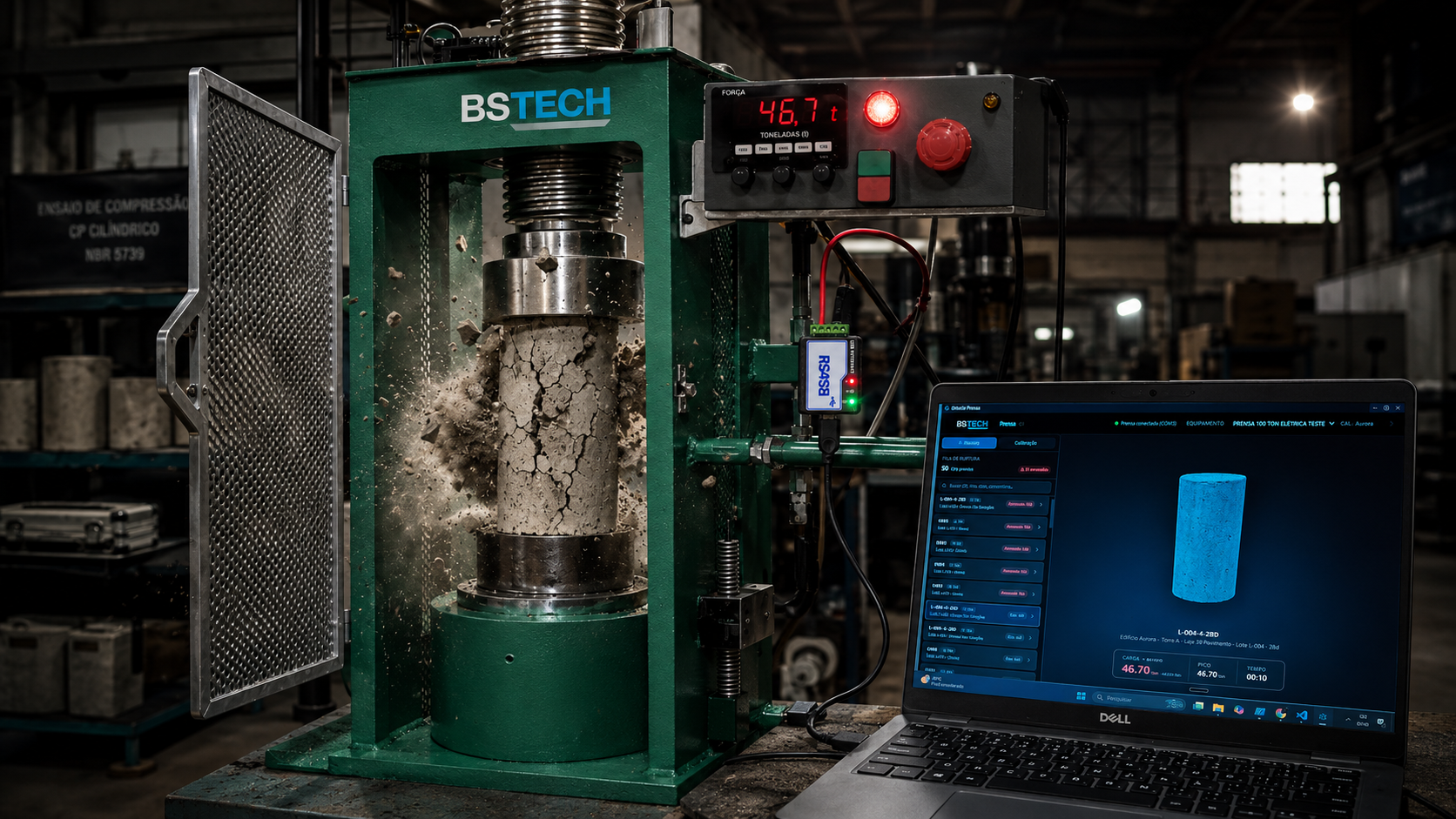 Prensa BSTECH automatizada durante ensaio, conectada ao notebook